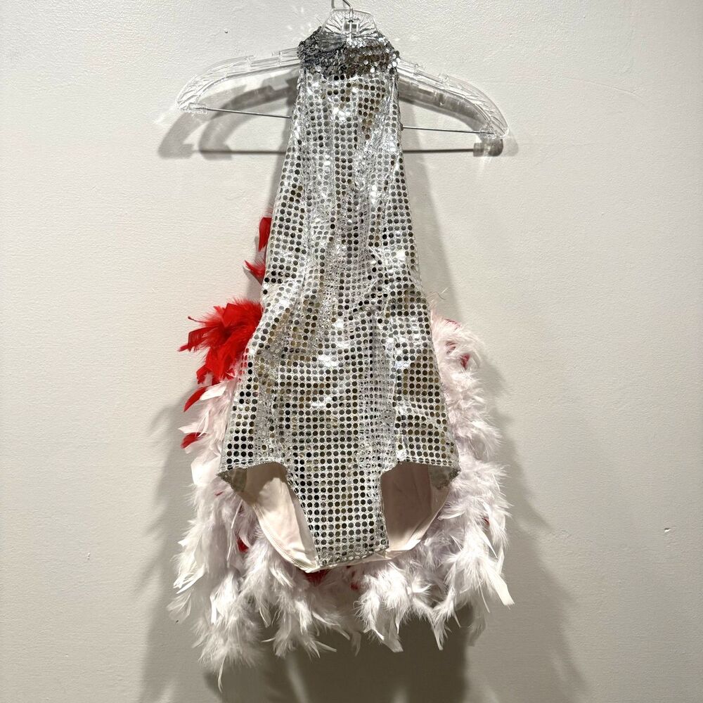Silver Sequin Halter One-Piece with Red & White Feather Trim